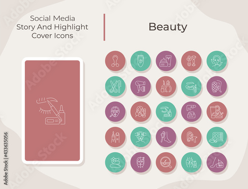 Beauty social media story and highlight cover icons set. Cosmetology procedure. Trendy template for bloggers. White linear pictograms collection. Thin line drawings pack for branding