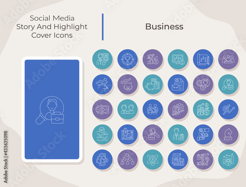 Business social media story and highlight cover icons set. Professional career. Trendy template for bloggers. White linear pictograms collection. Thin line drawings pack for branding