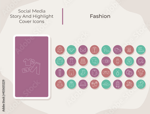 Fashion social media story and highlight cover icons set. Purchase clothing and shoes. Trendy template for bloggers. White linear pictograms collection. Thin line drawings pack for branding