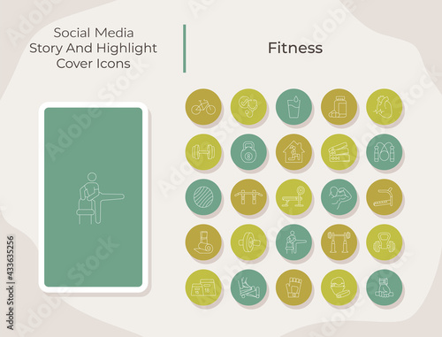 Fitness social media story and highlight cover icons set. Exercise and workout. Trendy template for bloggers. White linear pictograms collection. Thin line drawings pack for branding