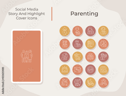Parenting social media story and highlight cover icons set. Family lifestyle. Trendy template for bloggers. White linear pictograms collection. Thin line drawings pack for branding