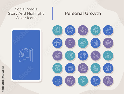 Personal growth social media story and highlight cover icons set. Self development. Trendy template for bloggers. White linear pictograms collection. Thin line drawings pack for branding