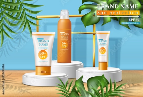 Vector summer sunscreen protection banner with sunscreen bottles on the stands with tropical leaves. 