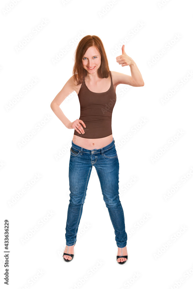 Full length portrait of a beautiful smiling woman with her thump up in the air, isolated on white studio background Full length portrait of a beautiful smiling woman with her thump up in the air, isolated on white studio background