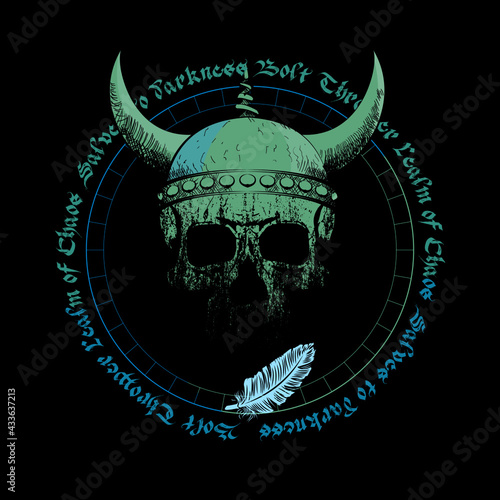 T-shirt vector design of a viking skull with horns over an inverted star and handwritten characters isolated on black. Poster	