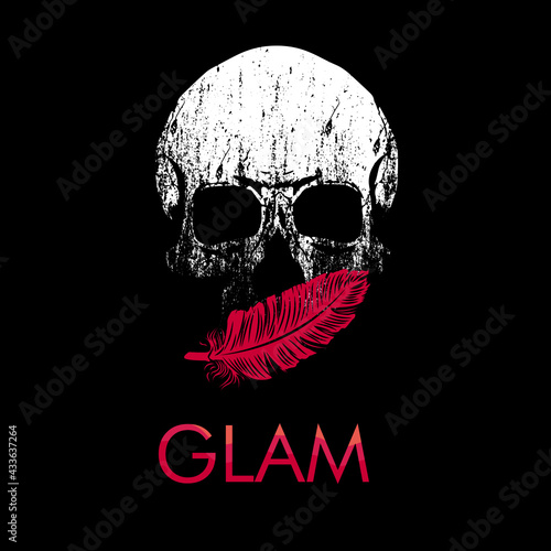 Glam. Skull vector drawing with pink feather isolated on black for t-shirts or posters	