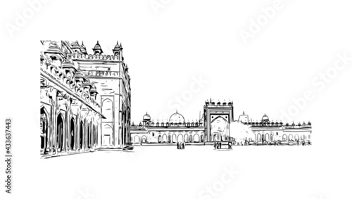 Building view with landmark of Fatehpur is the city in India. Hand drawn sketch illustration in vector.
