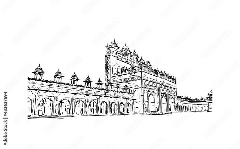 Building view with landmark of Fatehpur is the city in India. Hand drawn sketch illustration in vector.