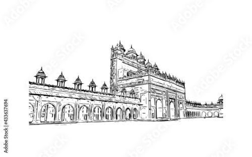 Obraz na płótnie Building view with landmark of Fatehpur is the city in India. Hand drawn sketch illustration in vector. w salonie