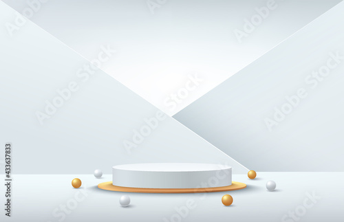 Modern white and gold cylinder pedestal podium. Silver color minimal wall scene with geometric shape backdrop. Vector rendering 3d shape, Product display presentation. Abstract room, Platform design.