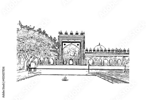 Building view with landmark of Fatehpur is the city in India. Hand drawn sketch illustration in vector.