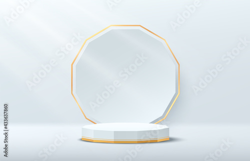 Modern white octagon pedestal podium. Silver color minimal wall scene with golden and white octagon shape backdrop. Vector rendering 3d shape, Product display presentation. Abstract room design.
