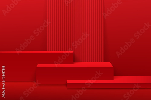 Red realistic 3D cube steps podium set with vertical line texture background. Chinese new year minimal scene for products showcase, Promotion display. Vector abstract studio room.