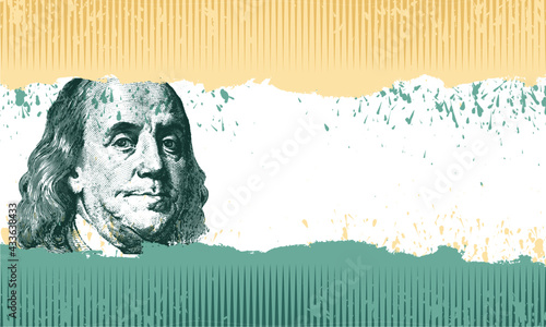 Benjamin Franklin stylized green and yellow portrait  illustration engraved drawing line art background retroiconic 