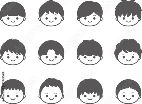 いろんな髪型の男の子アイコン（白黒）