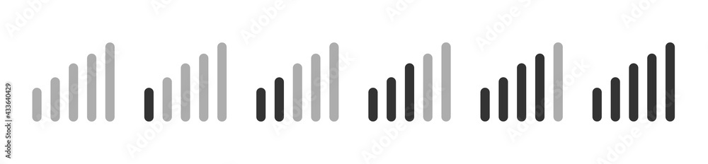 Signal strength indicator set, mobile phone bar status icon. No signal symbol, network connection level sign isolated on white. Signal strength indicator set, mobile phone bar status icon. No signal symbol, network connection level sign isolated on white.