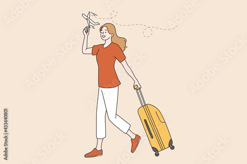 Traveling and vacations during covid-19 pandemic concept. Young woman walking with suitcase ready for flight during quarantine vector illustration 