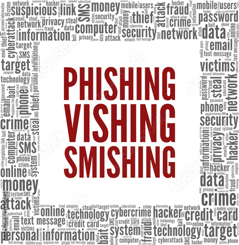Phishing, vishing, smishing vector illustration word cloud isolated on a white background.