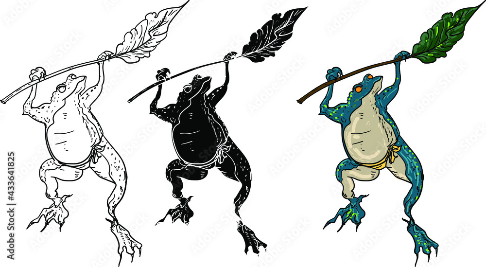 Japanese lucky frog design for tattoo.Traditional Frog action post outline vector. Asian lucky Amphibian animal. Japanese lucky frog design for tattoo.Traditional Frog action post outline vector. Asian lucky Amphibian animal.