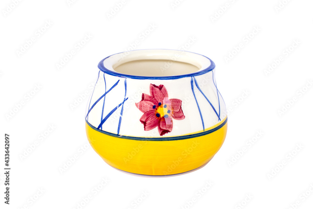 empty decorative ceramic plant pot isolated on white background. big modern porcelain vase for flower garden. Shiny bright color glazed, vintage handmade pottery decorated on yellow crossed blue line empty decorative ceramic plant pot isolated on white background. big modern porcelain vase for flower garden. Shiny bright color glazed, vintage handmade pottery decorated on yellow crossed blue line