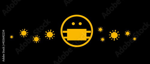 Human head icon in mask with viruses flying in the air, cartoon vector illustration, banner for medical and pharmacy infographic. Observance of the mask regime poster