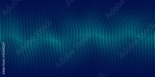 Abstract wavy dots pattern banner design with copy space. Technology green, blue particles 3D movement of sound dynamic on dark blue background. Modern futuristic concept. Vector illustration