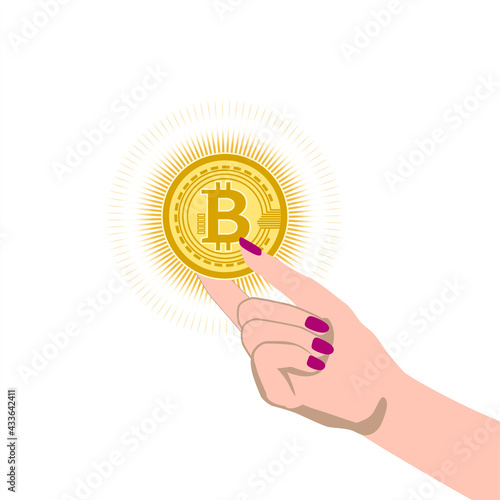 Close-up woman hand is holding golden bitcoin (BTC) coin. Money business and finacial investment concept  illustration. Vector illustration isolated on white background.