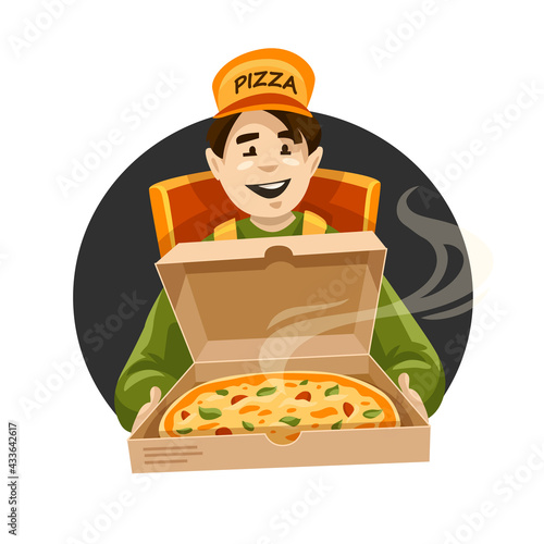 Pizza delivery courier Box. Cartoon character pizzeria order. Vector illustration
