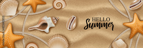 Hello summer banner with shells and starfish on sand background