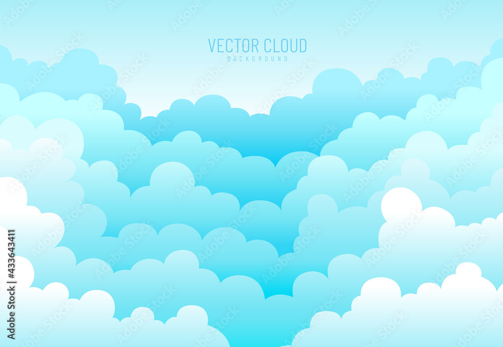 Abstract soft blue sky with white clouds background. Border of clouds. Simple cartoon design. Flat style vector illustration.