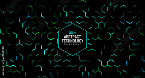 Abstract green neon hexagons pattern on a black background. Glowing geometric futuristic technology banner design. Vector layout for advertising template for presentation. Vector illustration