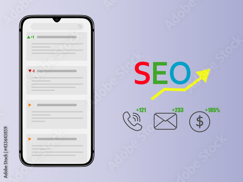 Seo concept. Browser with popular searches on screen of smartphone. Search engine optimization concept.
