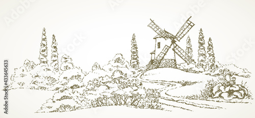 Vector drawing. The outline of the summer landscape with mill