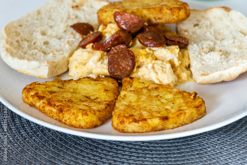 Breakfast plate of hash browns with other items Breakfast plate of hash browns with other items