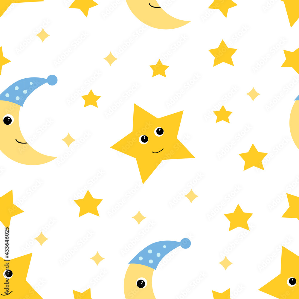 Seamless moon and stars pattern. Vector cute white background. Cute baby characters Seamless moon and stars pattern. Vector cute white background. Cute baby characters