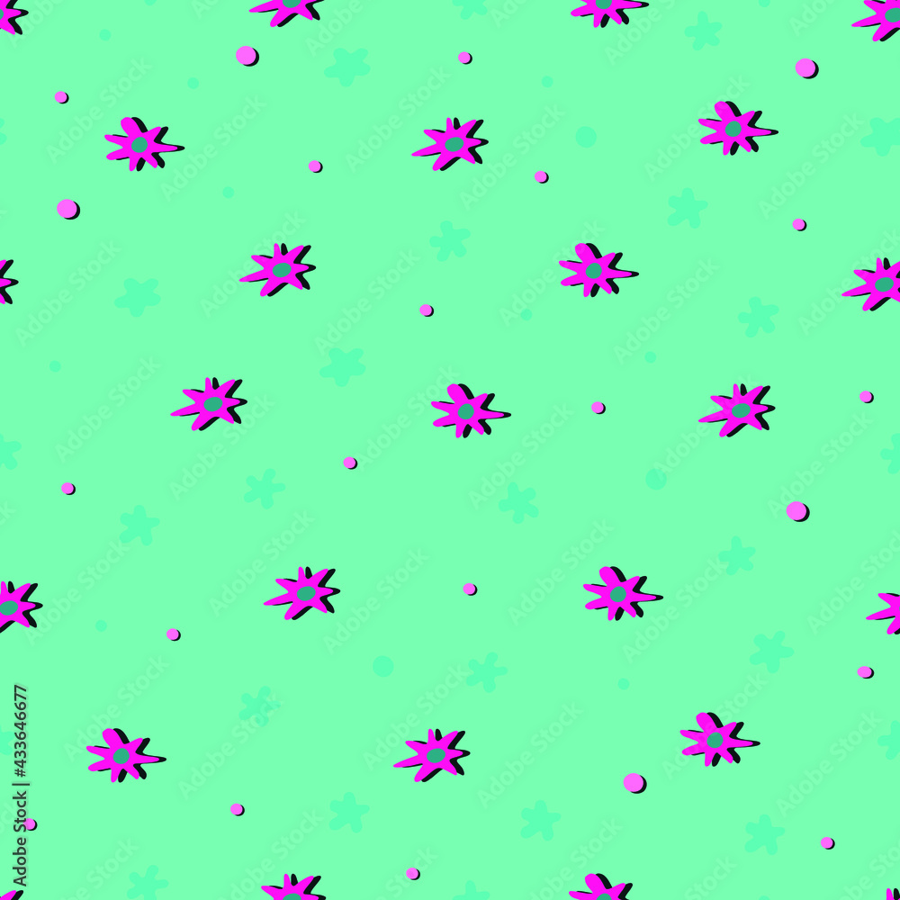 Cute little pink flowers on a green background.  Seamless pattern. Vector illustration.