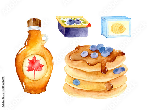 Breakfast pancakes watercolor elements set