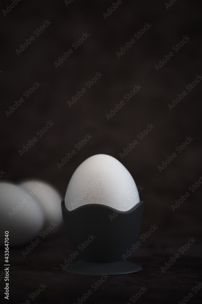 white egg on the stand on a dark background