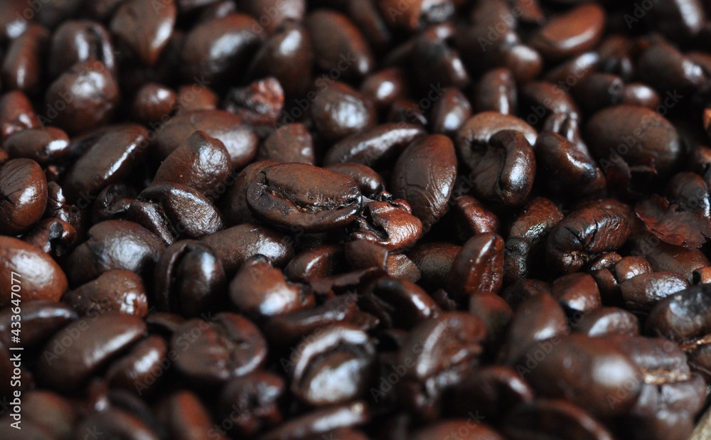 Dark brown roasted coffee beans.selective focus Dark brown roasted coffee beans.selective focus