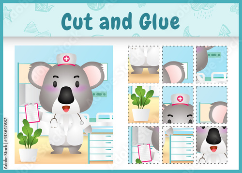 Children board game cut and glue with a cute koala using costume nurses