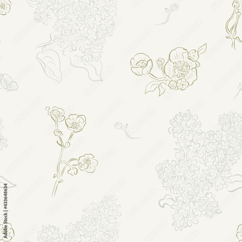 Seamless delicate vector pattern with little spring flowers and lilac blossom. Spring vintage mood. Maybe use for textile or wallpaper print, making cards, wedding invitation.