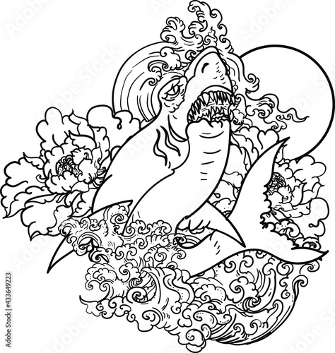shark sticker and tattoo.Hand drawn scary shark.Killer in the sea.Japanese Shark tattoo with peony flower.Hand drawn Japanese vector wallpaper.Dangerage shark with ocean tattoo