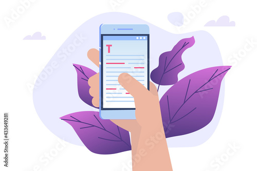 Editable online document. Creative writing and storytelling, copywriting . Online education, distant learning concept. Vector illustration.