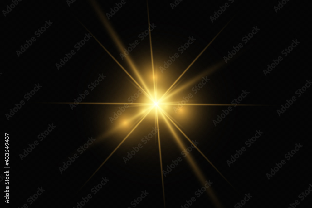 Yellow glowing transparent light burst explosion. Vector illustration for cool effect decoration with ray sparkles. Bright star. Transparent shining gradient glitter, bright flare. Glare texture.