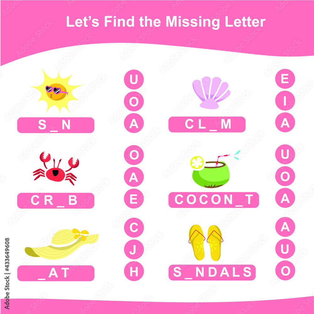 Summer game finds the missing letter game for Preschool Children. Summer game finds the missing letter game for Preschool Children.
