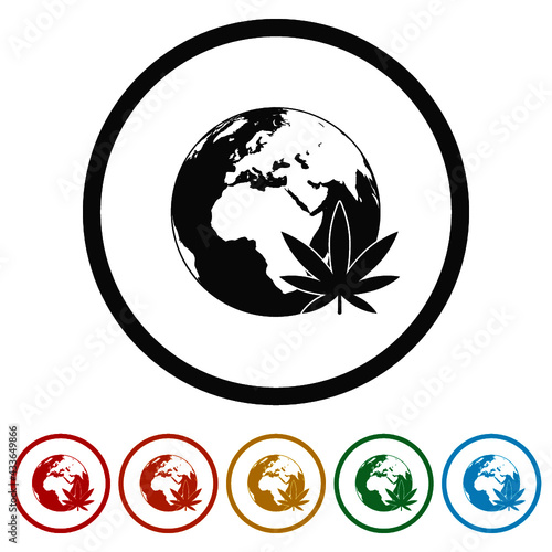 Legalize marijuana or cannabis globe symbol ring icon color set