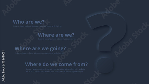 Vector dark neumorphic infographic. Presentation slide template. Business infographics concept with question mark and place for your text
