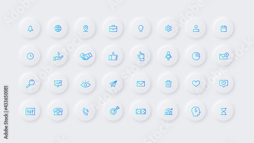 Vector light neumorphic business and finance web outline icon set