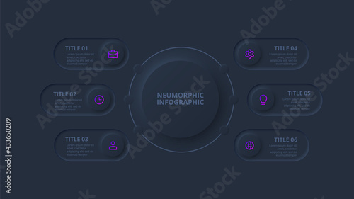 Dark neumorphic element for infographic. Template for diagram, graph, presentation and chart. Skeuomorph concept with 6 options, parts, steps or processes.