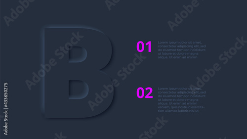 Vector dark neumorphic infographic. Presentation slide template. Business infographics concept with letter B and place for your text